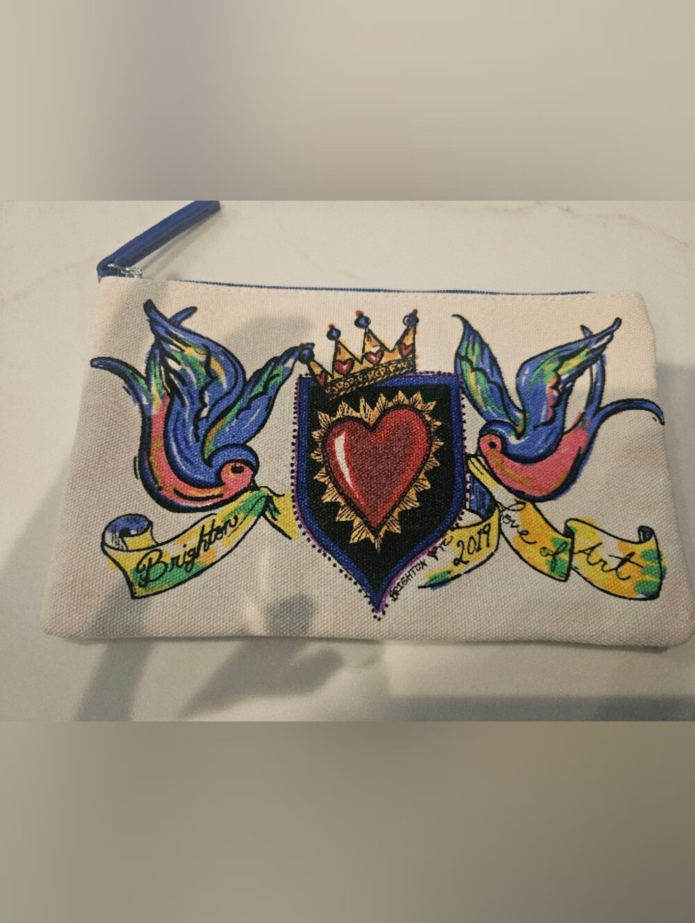Canvas Heart & Swallow Print Zip Pouch — White